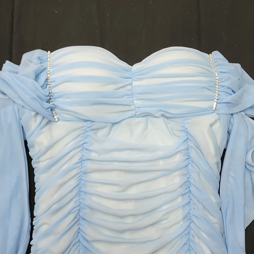 Baby Blue Ruched Mini Dress - Picture 3 of 4